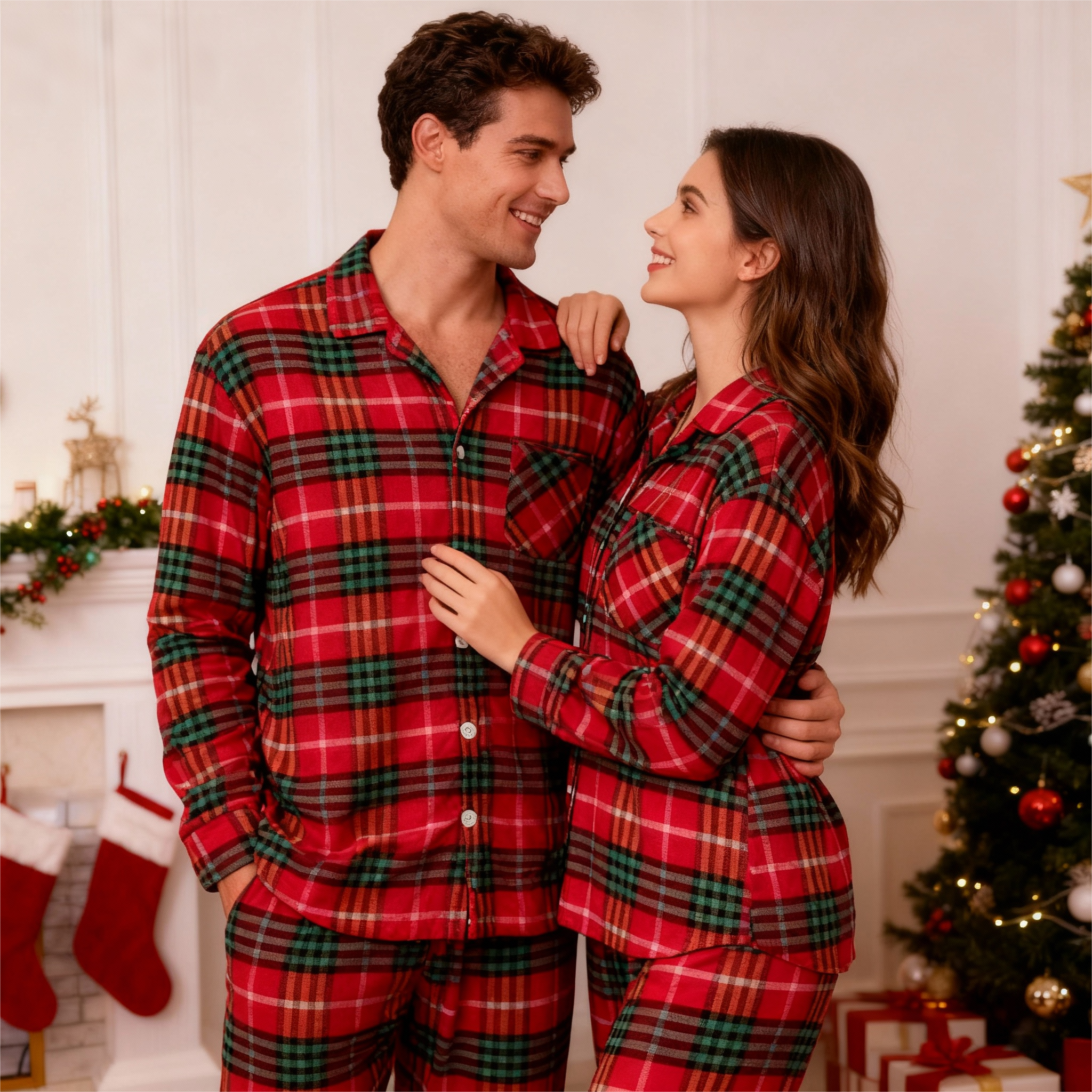 Festive Red and Green Plaid Button-Up Pajamas Set for Family