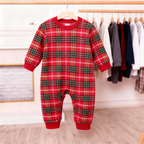 Festive Red and Green Plaid Button-Up Pajamas Set for Family