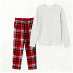 Holiday Pajamas Set for Whole Family – Gray Button-Neck Tee & Red Plaid Pants
