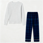 Couple Matching Pajama Set – Gray Button-Neck Tee & Plaid Pants