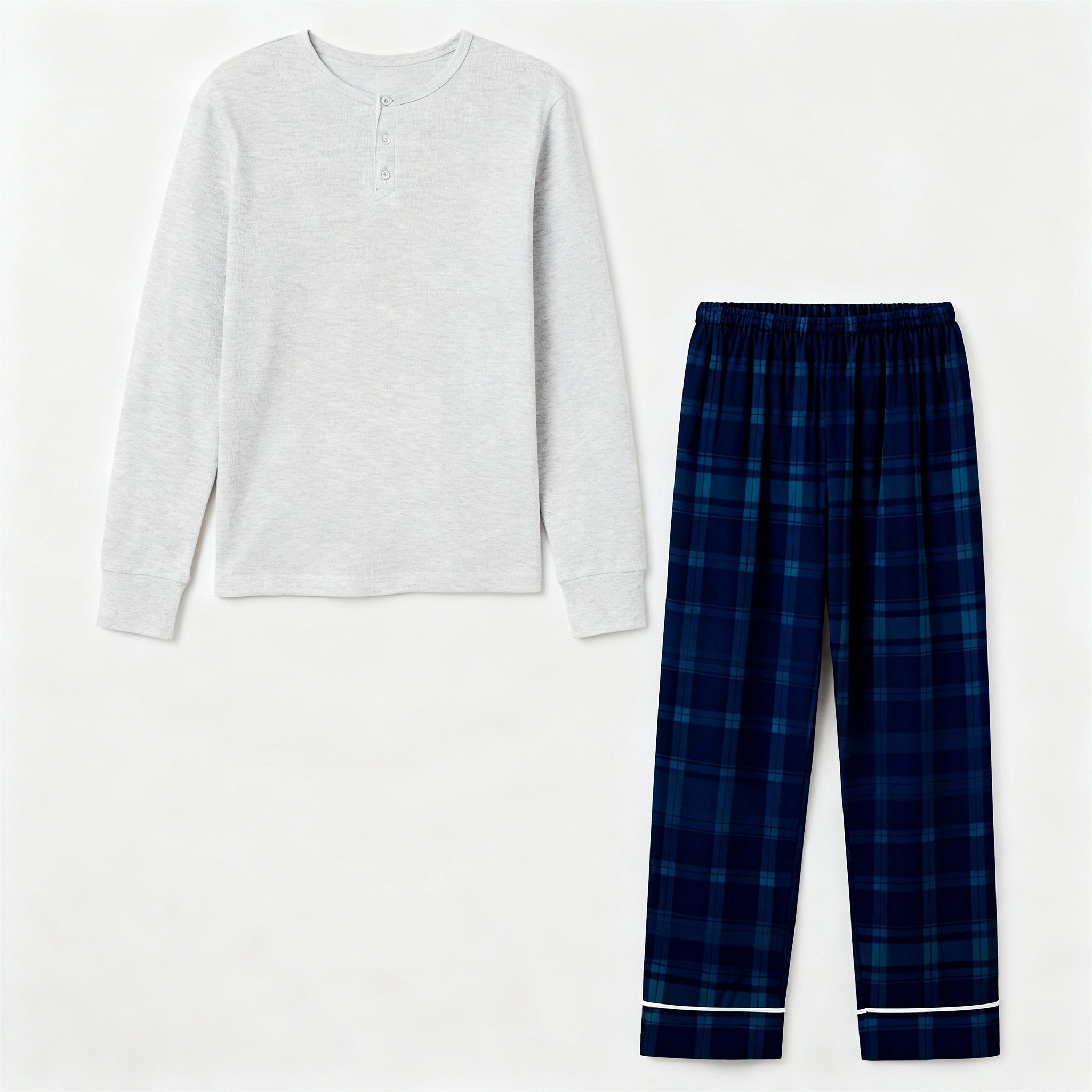Couple Matching Pajama Set – Gray Button-Neck Tee & Plaid Pants