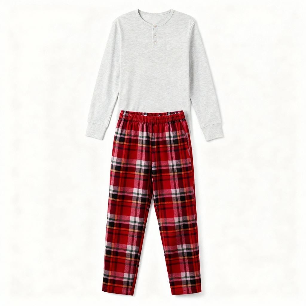 Holiday Pajamas Set for Whole Family – Gray Button-Neck Tee & Red Plaid Pants