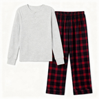 Holiday Pajamas Set for Whole Family – Gray Button-Neck Tee & Black Red Plaid Pants