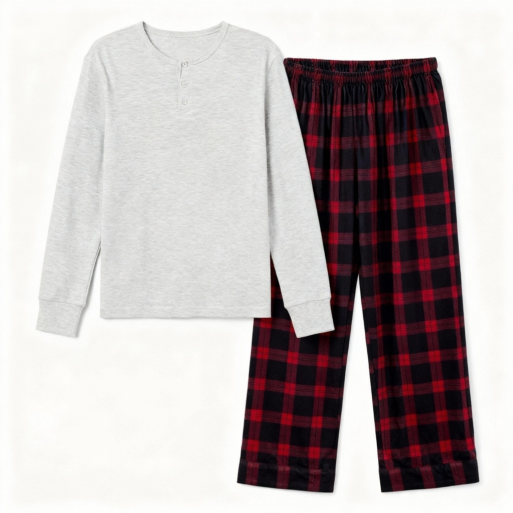 Holiday Pajamas Set for Whole Family – Gray Button-Neck Tee & Black Red Plaid Pants