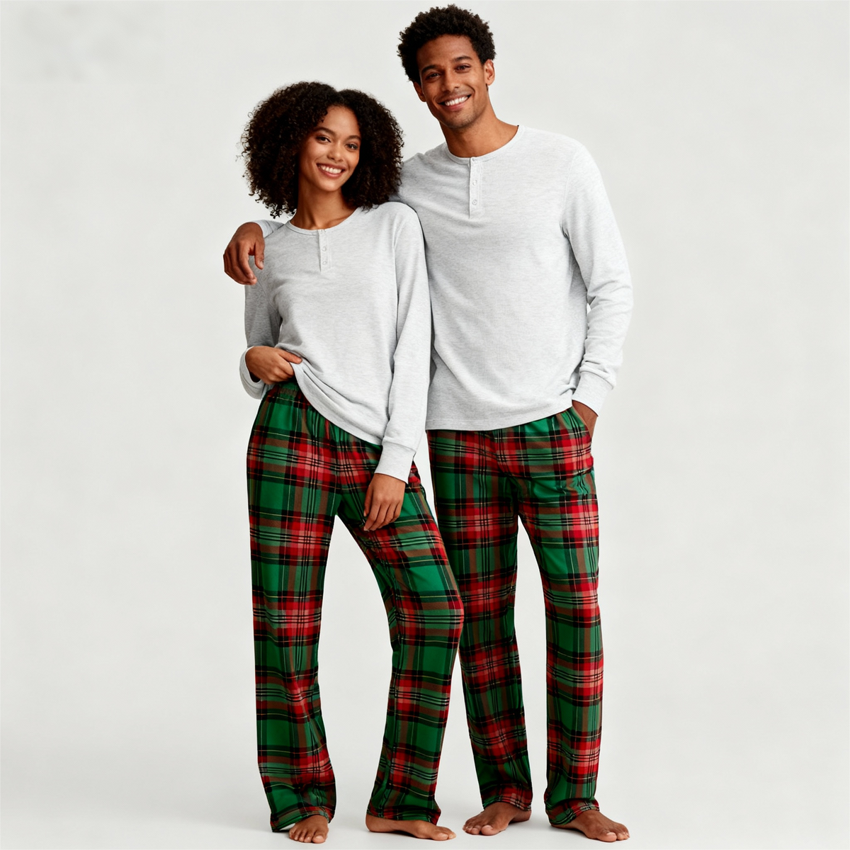 Family Matching Pajama Set – Gray Button-Neck Tee & Green Plaid Pants