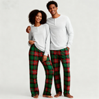 Family Matching Pajama Set – Gray Button-Neck Tee & Green Plaid Pants