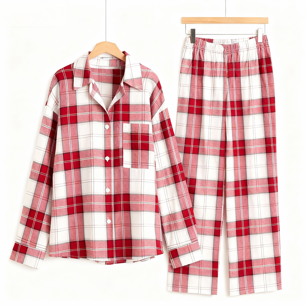 Matching Couple Sleepwear Red White Plaid Christmas Pajamas Set