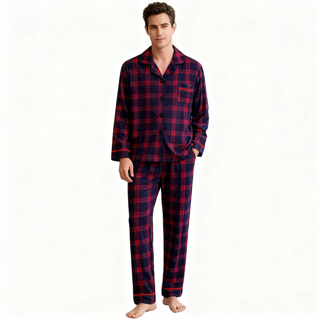 Holiday Couple Button-down Christmas Blue and Red Plaid Pajamas Set
