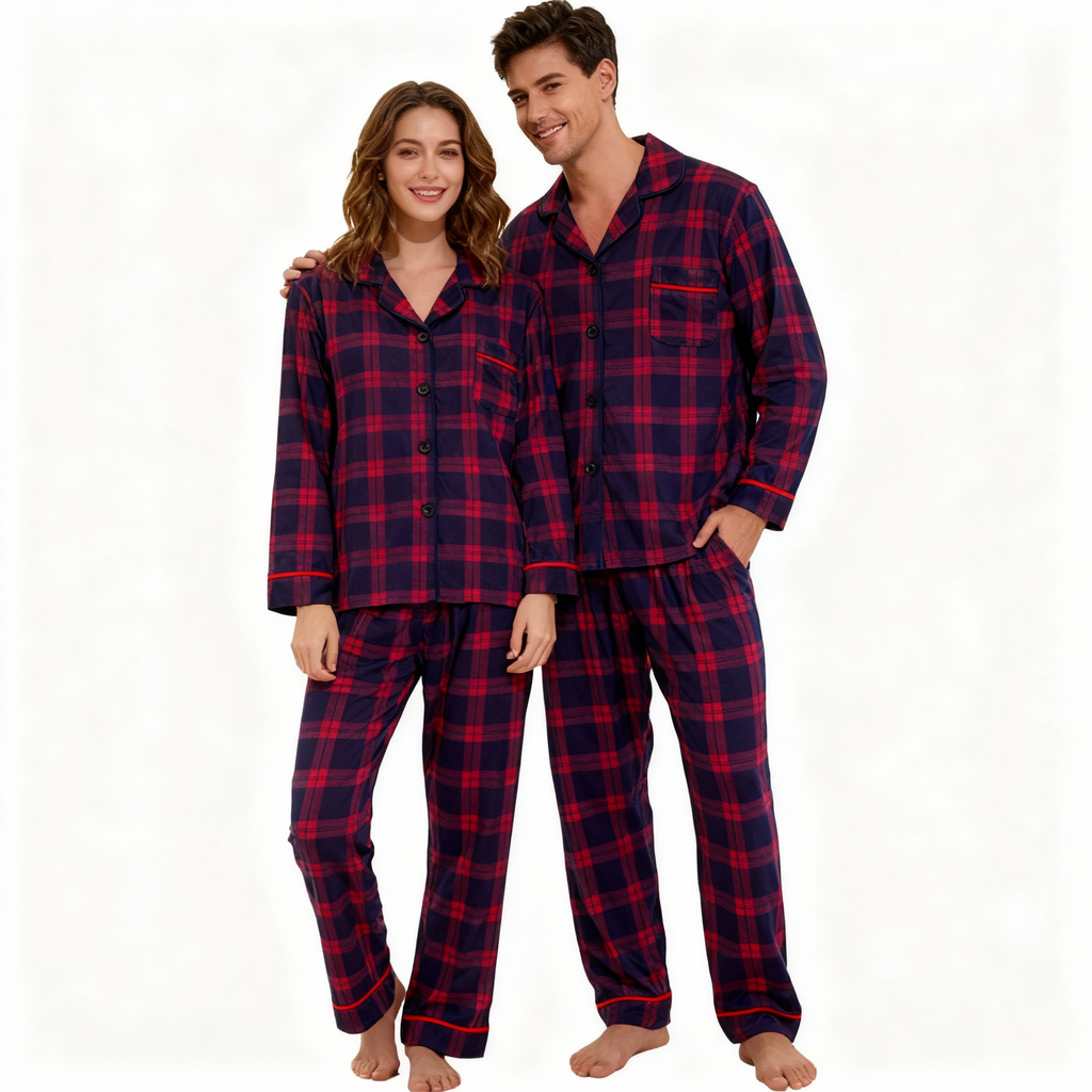Holiday Couple Button-down Christmas Blue and Red Plaid Pajamas Set