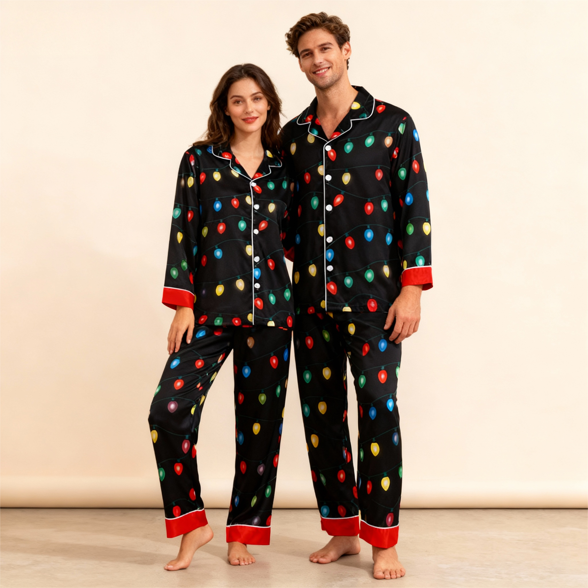 Holiday Couple Button-down Satin Christmas Pajamas Set