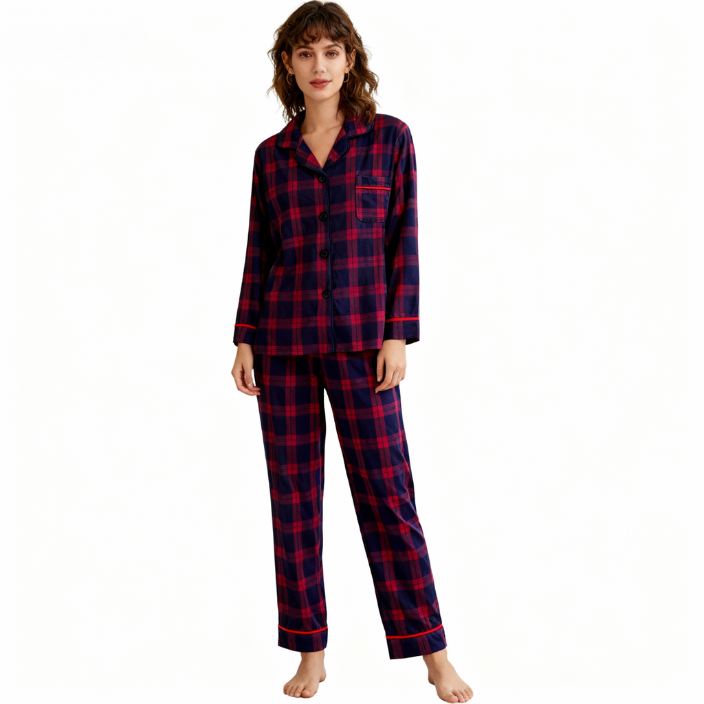 Holiday Couple Button-down Christmas Blue and Red Plaid Pajamas Set
