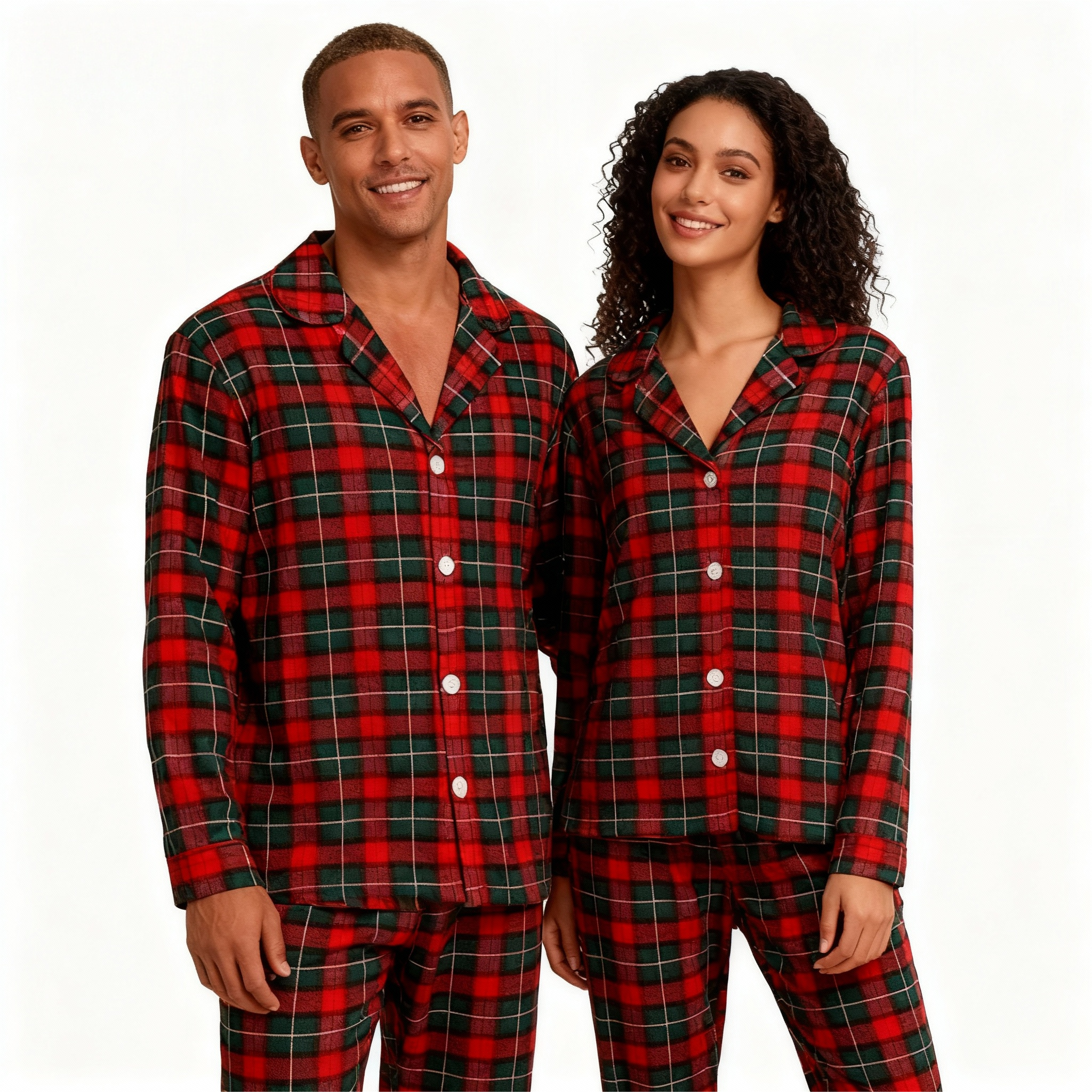 Christmas Red and Green Plaid Button Up Couple Pajamas Sets