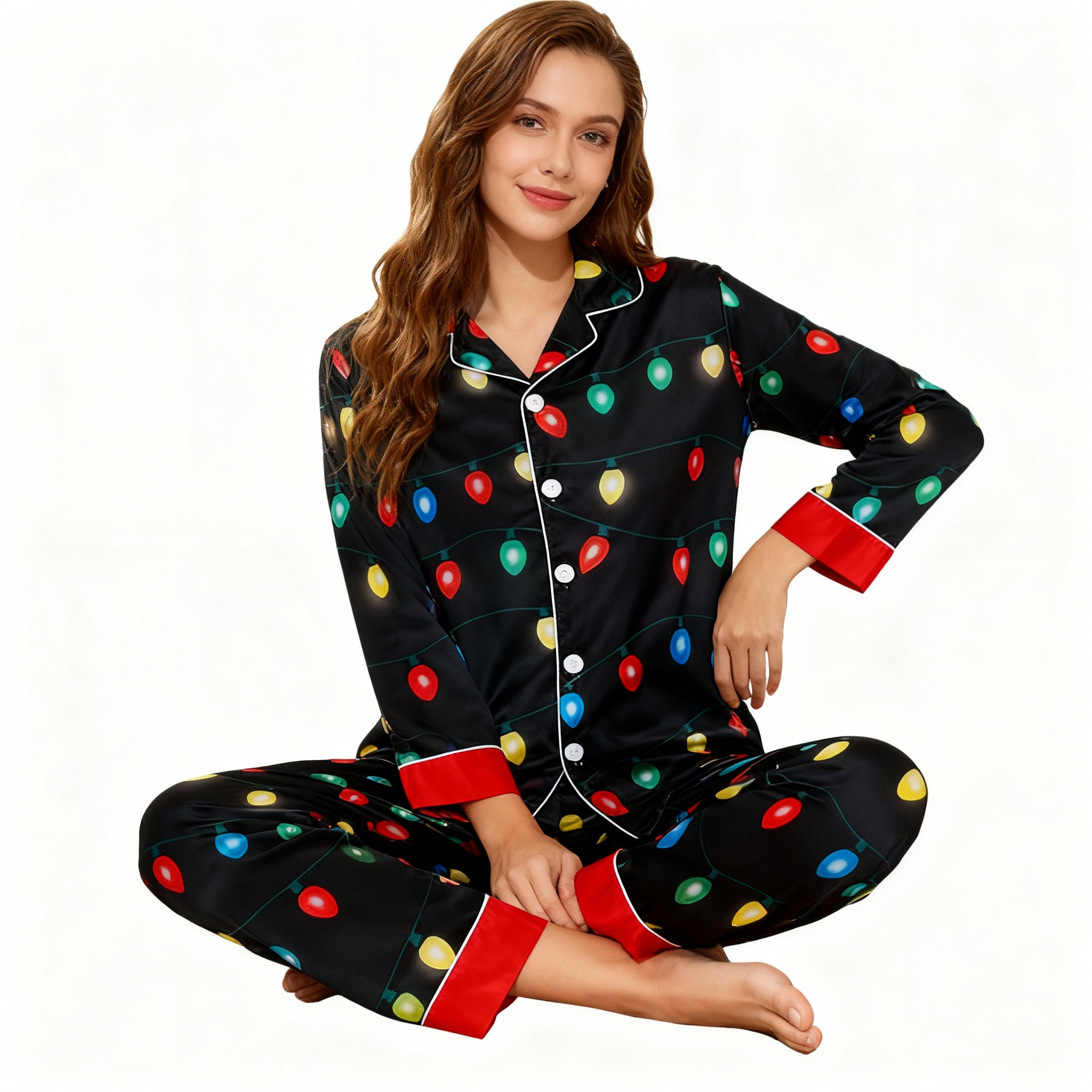 Holiday Family Button-down Satin Christmas Pajamas Set