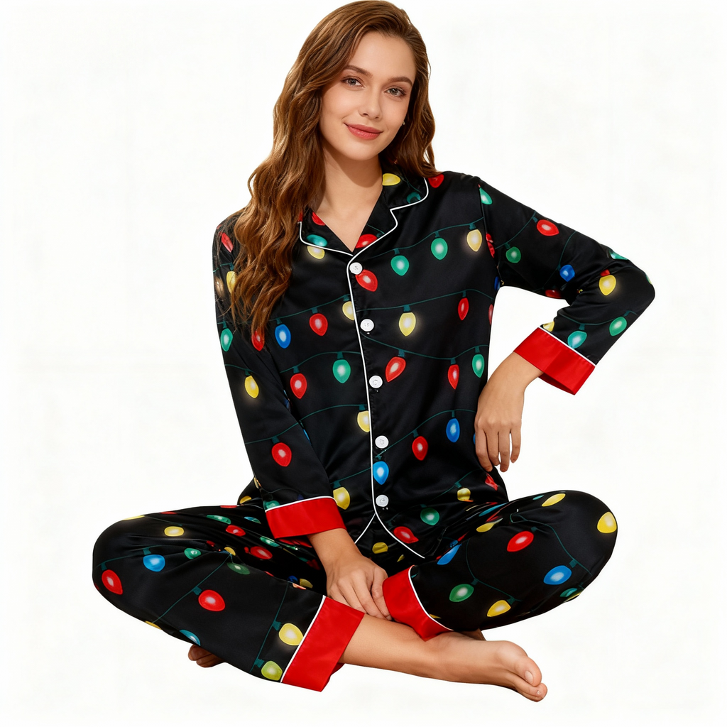 Holiday Couple Button-down Satin Christmas Pajamas Set