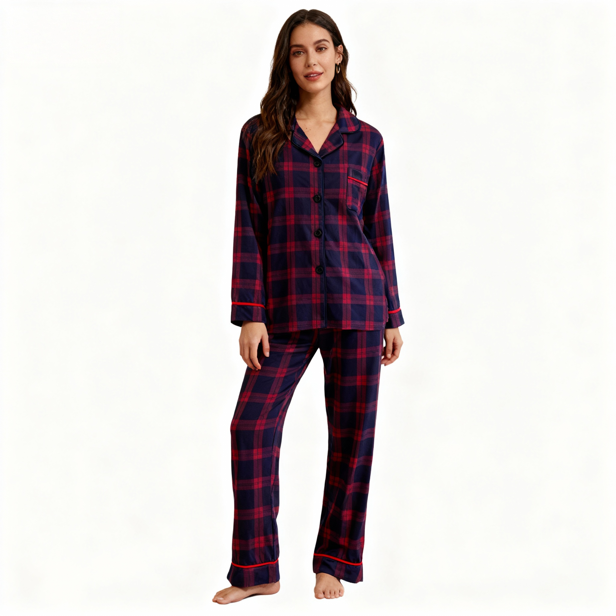 Holiday Couple Button-down Christmas Blue and Red Plaid Pajamas Set