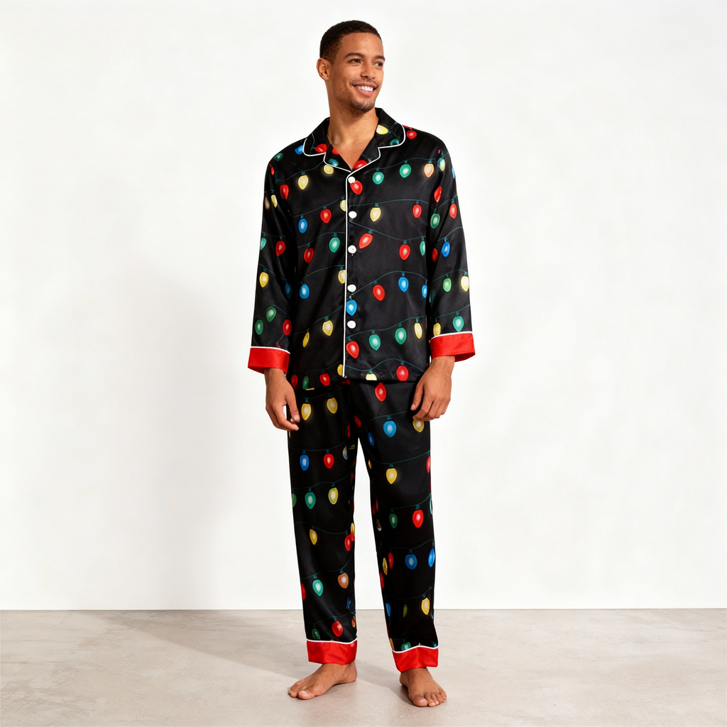 Holiday Family Button-down Satin Christmas Pajamas Set