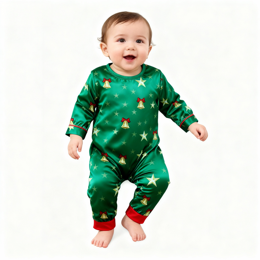 Holiday Family Button-down Green Satin Christmas Pajamas Set