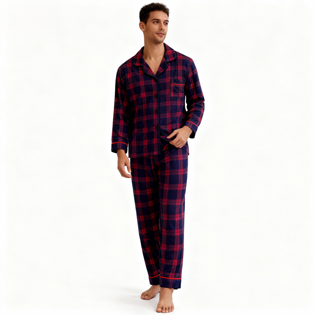 Holiday Couple Button-down Christmas Blue and Red Plaid Pajamas Set