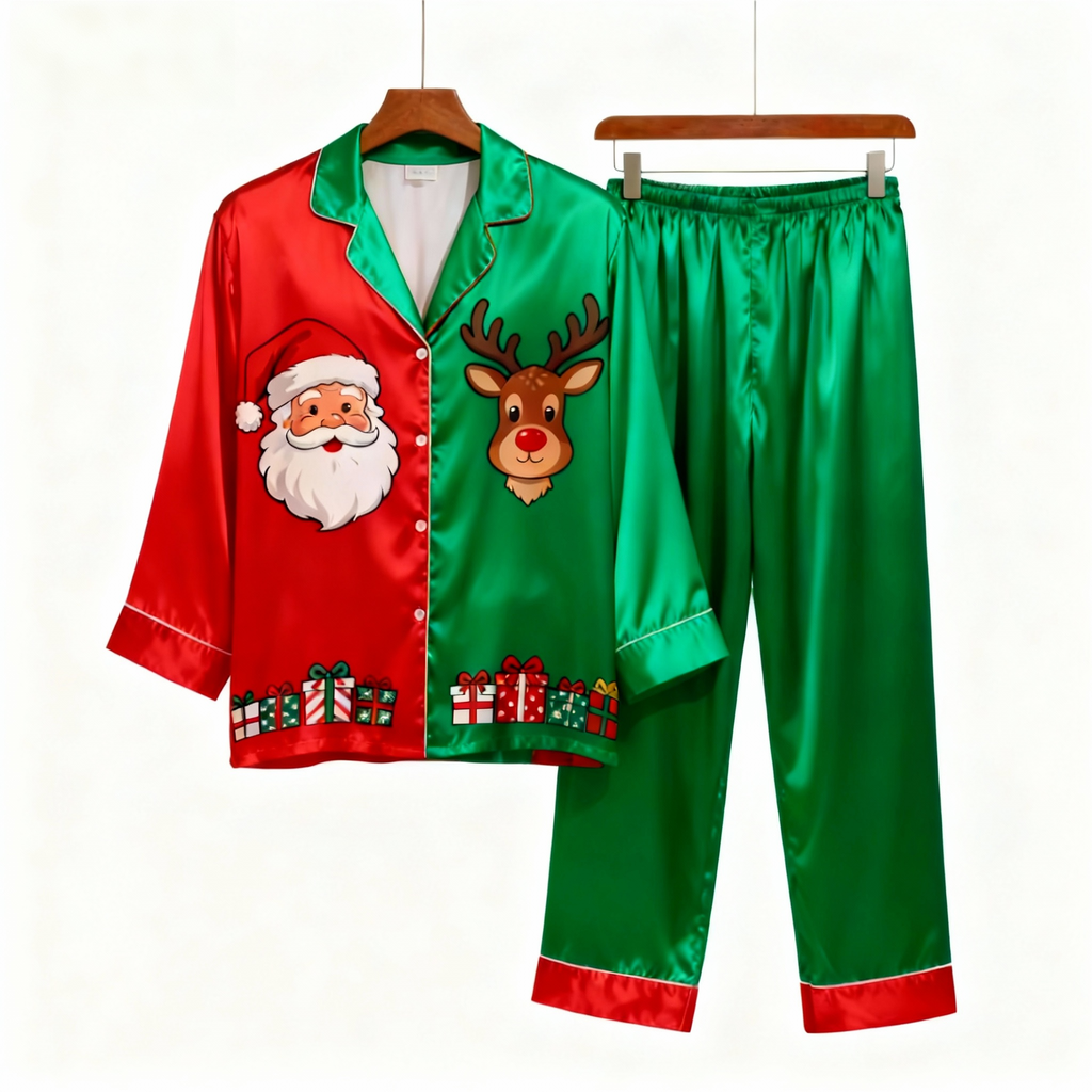 Holiday Family Santa Claus Button-Up Satin Christmas Pajamas Set