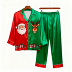 Holiday Family Santa Claus Button-Up Satin Christmas Pajamas Set