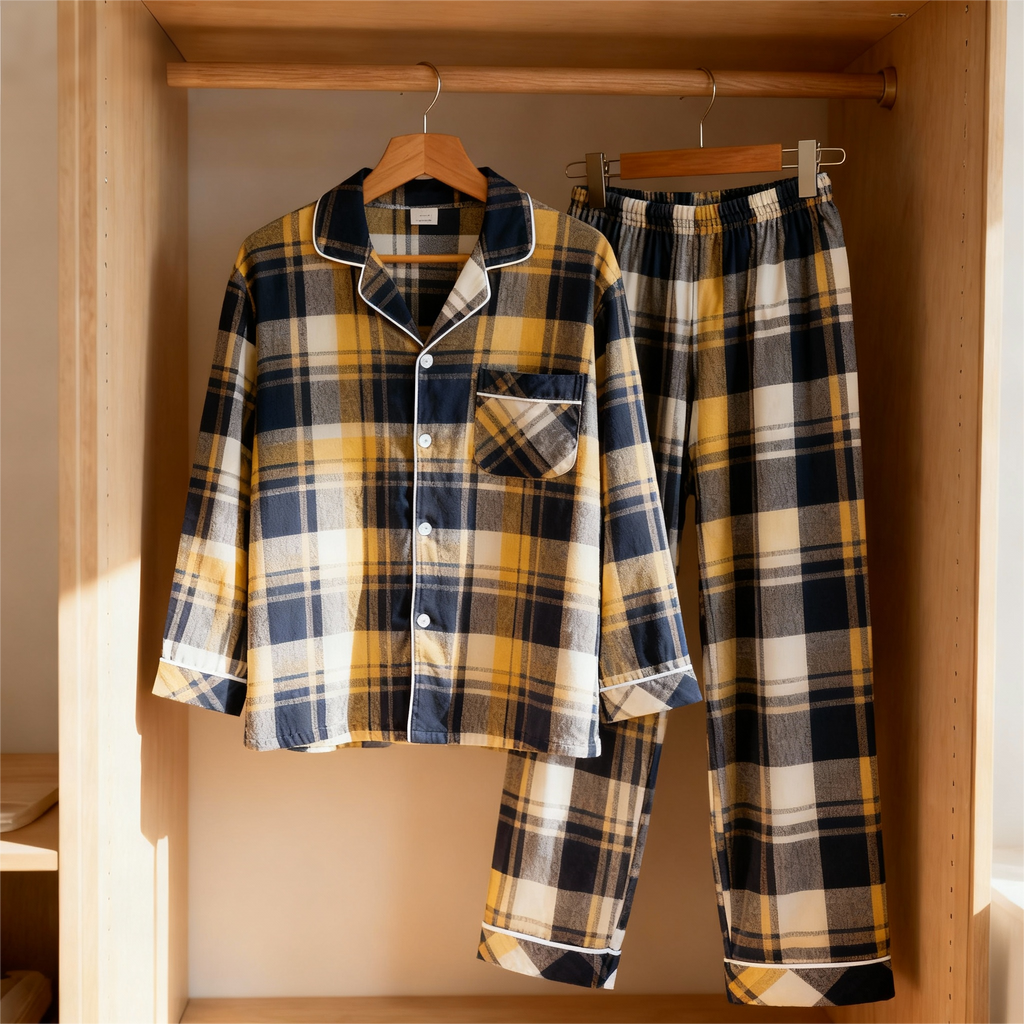 Matching Christmas Yellow and Blue Plaid Button Up Couple Pajamas Sets
