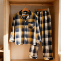 Matching Christmas Yellow and Blue Plaid Button Up Couple Pajamas Sets