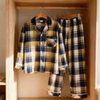 Matching Christmas Yellow and Blue Plaid Button Up Couple Pajamas Sets