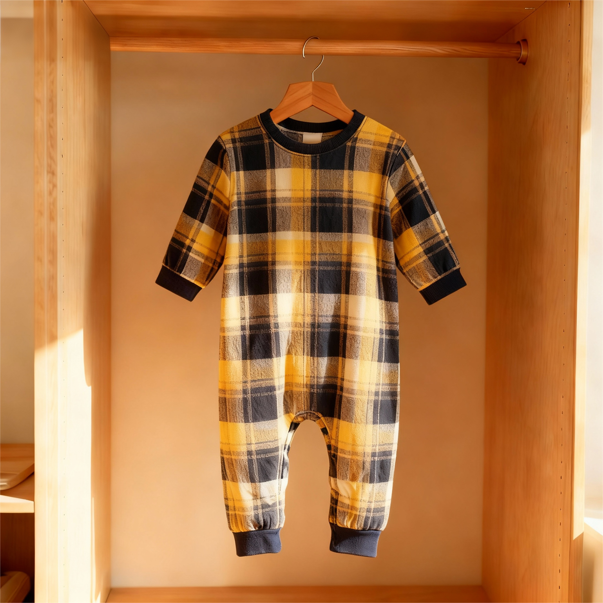 Matching Christmas Yellow and Blue Plaid Button Up Family Pajamas Sets