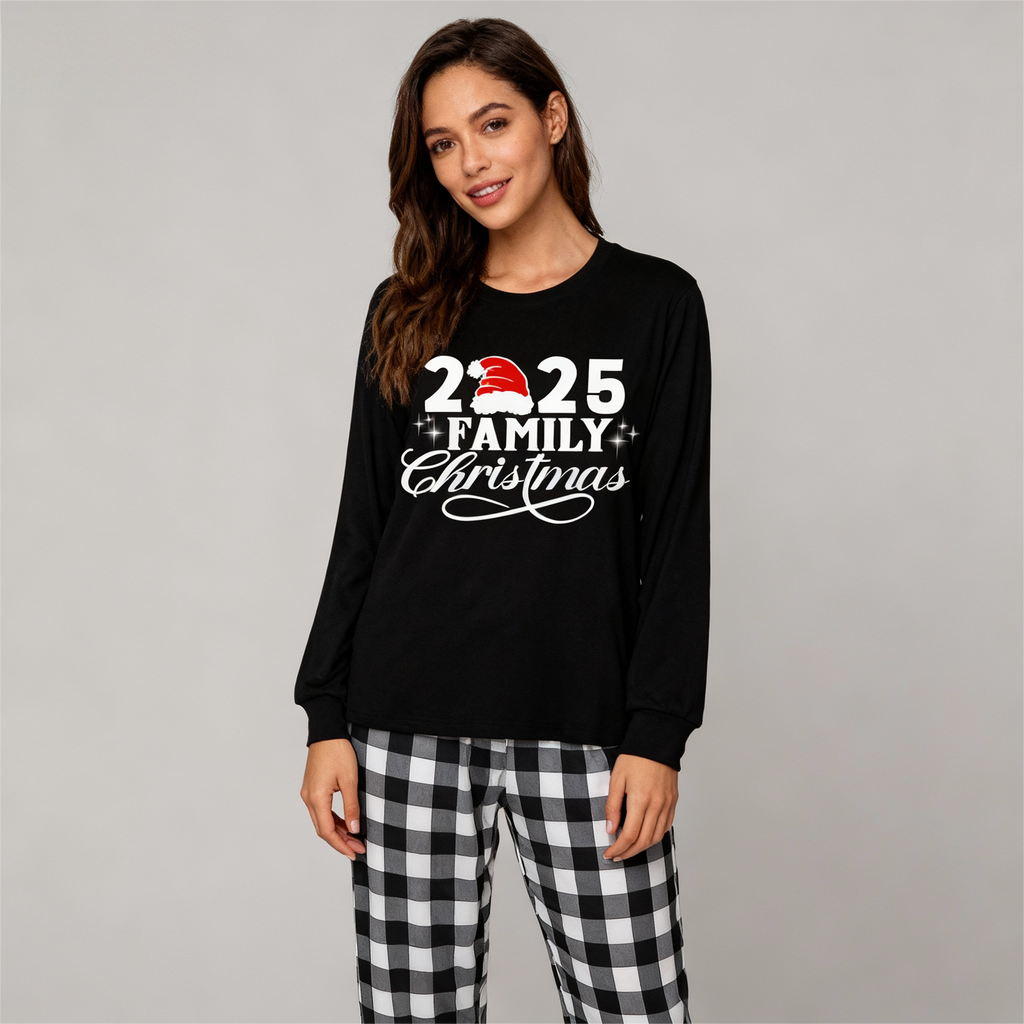 "2025 Family Christmas" Letter Print Black Long Sleeve Top with Black And White Plaid Pants Family Matching Pajamas