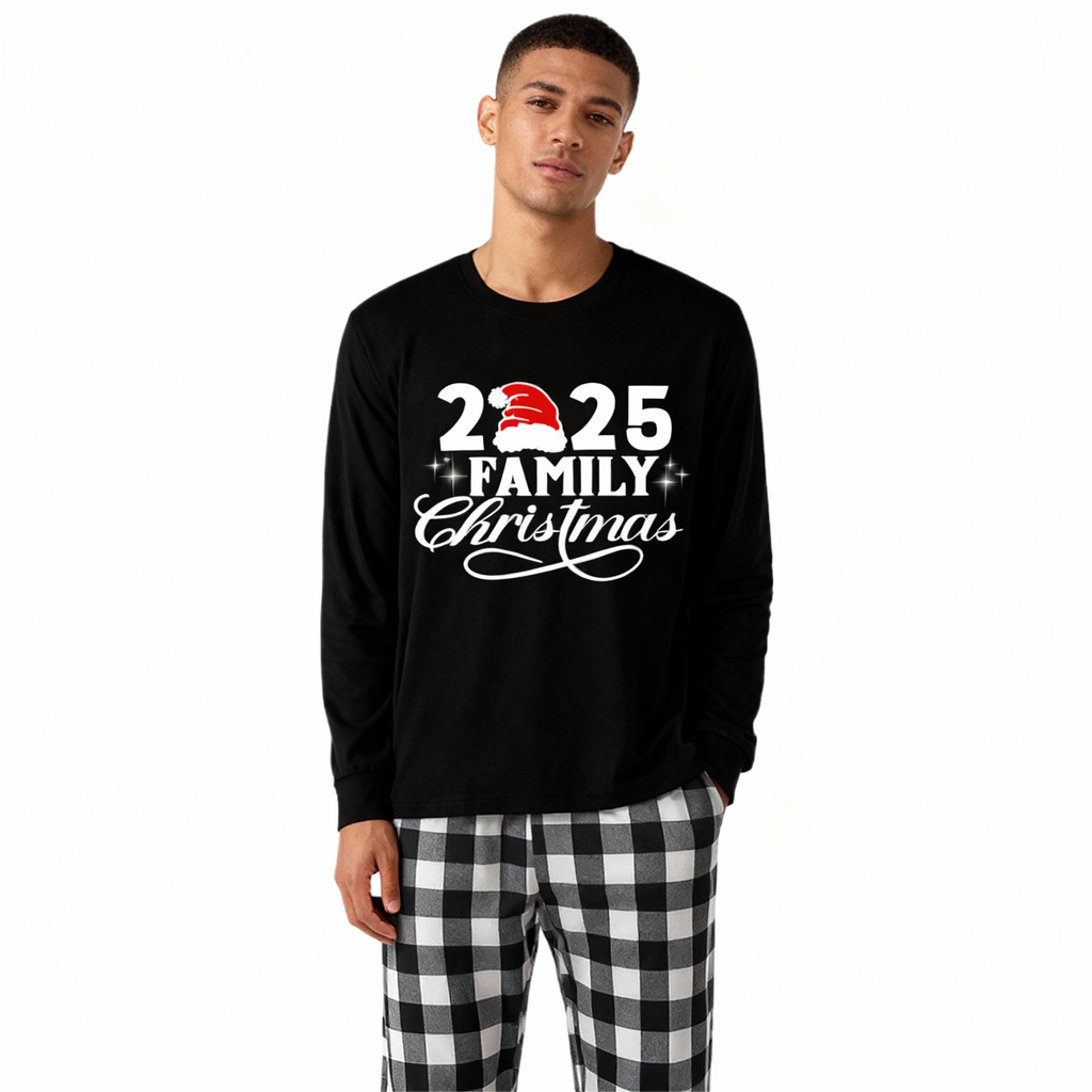 "2025 Family Christmas" Letter Print Black Long Sleeve Top with Black And White Plaid Pants Family Matching Pajamas