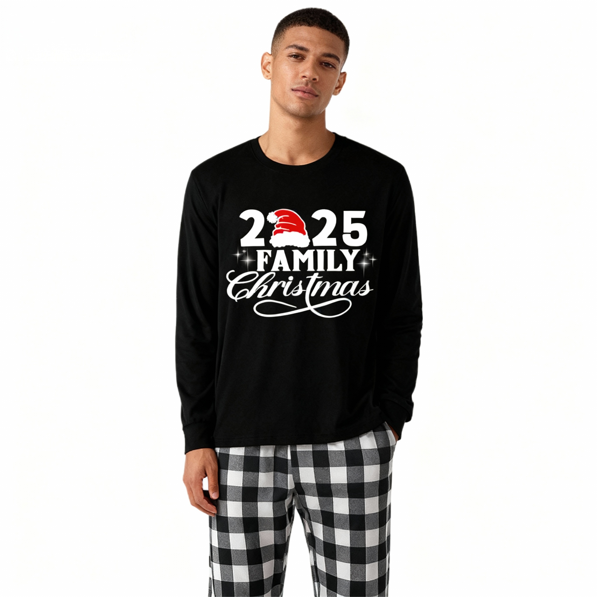 "2025 Family Christmas" Letter Print Black Long Sleeve Top with Black And White Plaid Pants Family Matching Pajamas