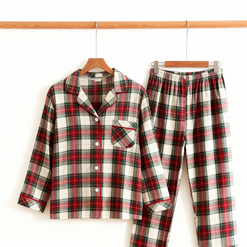 Matching Couple Sleepwear Red Green Plaid Button Christmas Pajamas Set