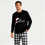 Christmas Hat and ‘Believe“ Letter Print Patterned Black & White Plaid Pajamas Set