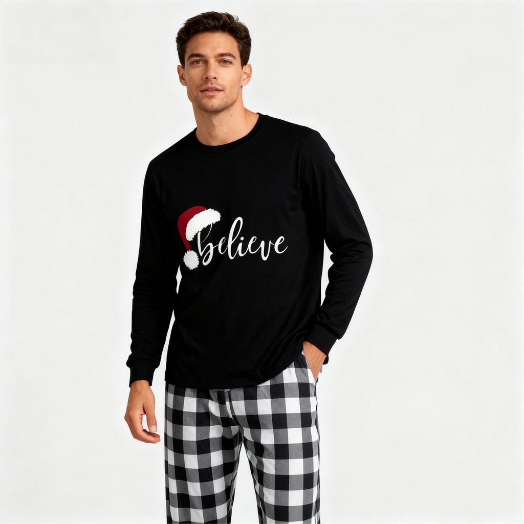 Christmas Hat and ‘Believe“ Letter Print Patterned Black & White Plaid Pajamas Set