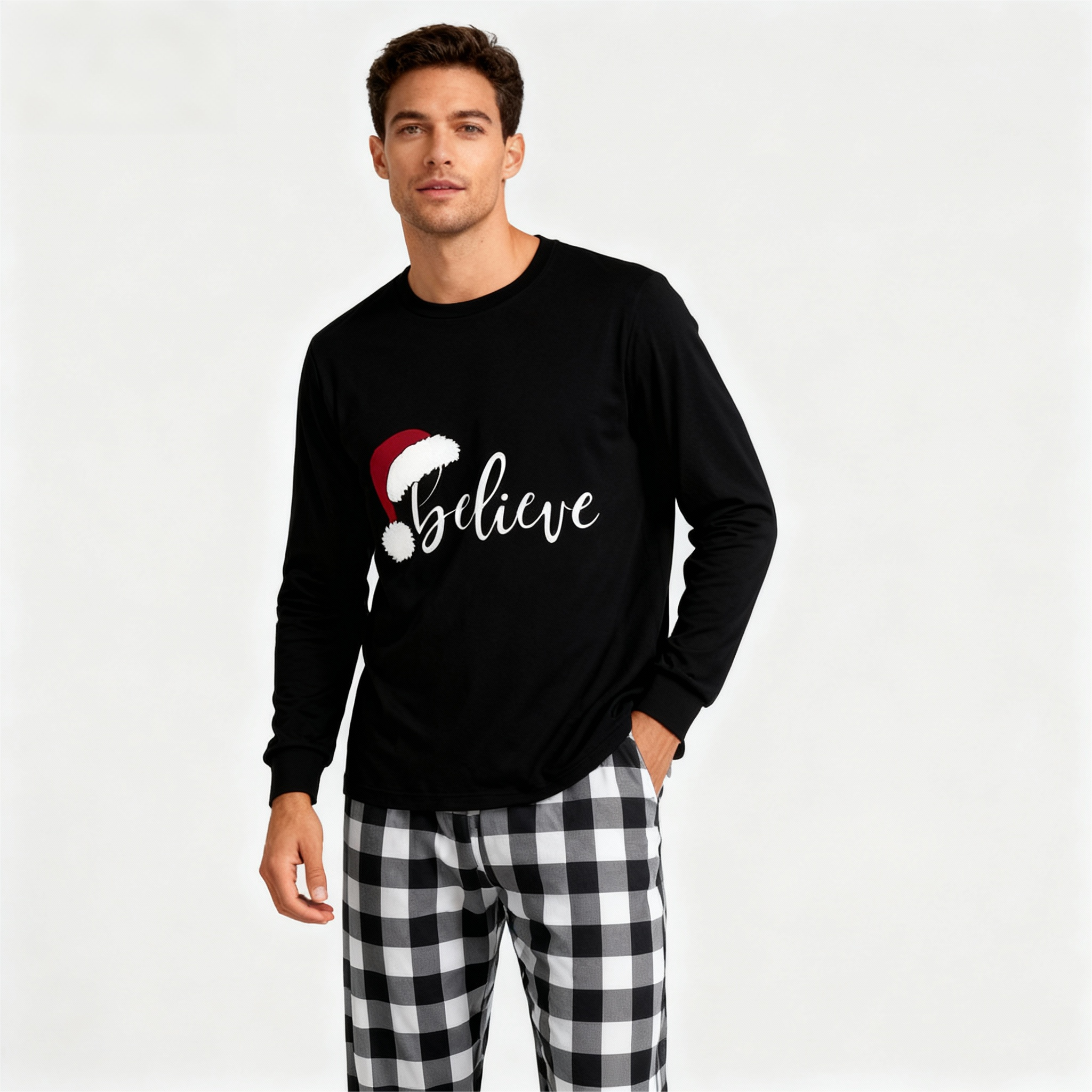 Christmas Hat and ‘Believe“ Letter Print Patterned Black & White Plaid Pajamas Set