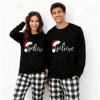 Christmas Hat and ‘Believe“ Letter Print Patterned Black & White Plaid Pajamas Set