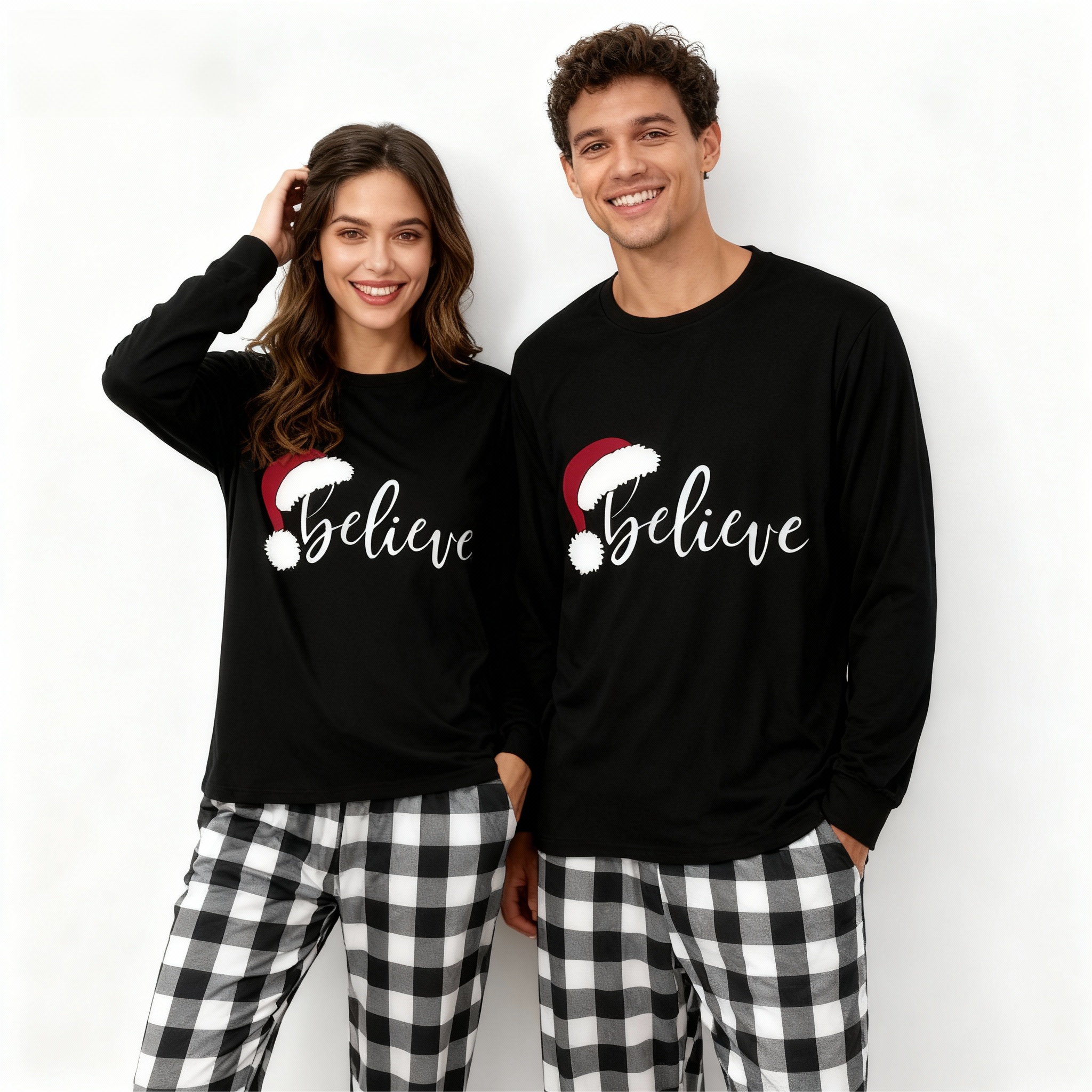 Christmas Hat and ‘Believe“ Letter Print Patterned Black & White Plaid Pajamas Set