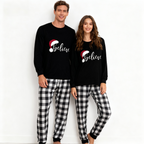 Christmas Hat and ‘Believe“ Letter Print Patterned Black & White Plaid Pajamas Set