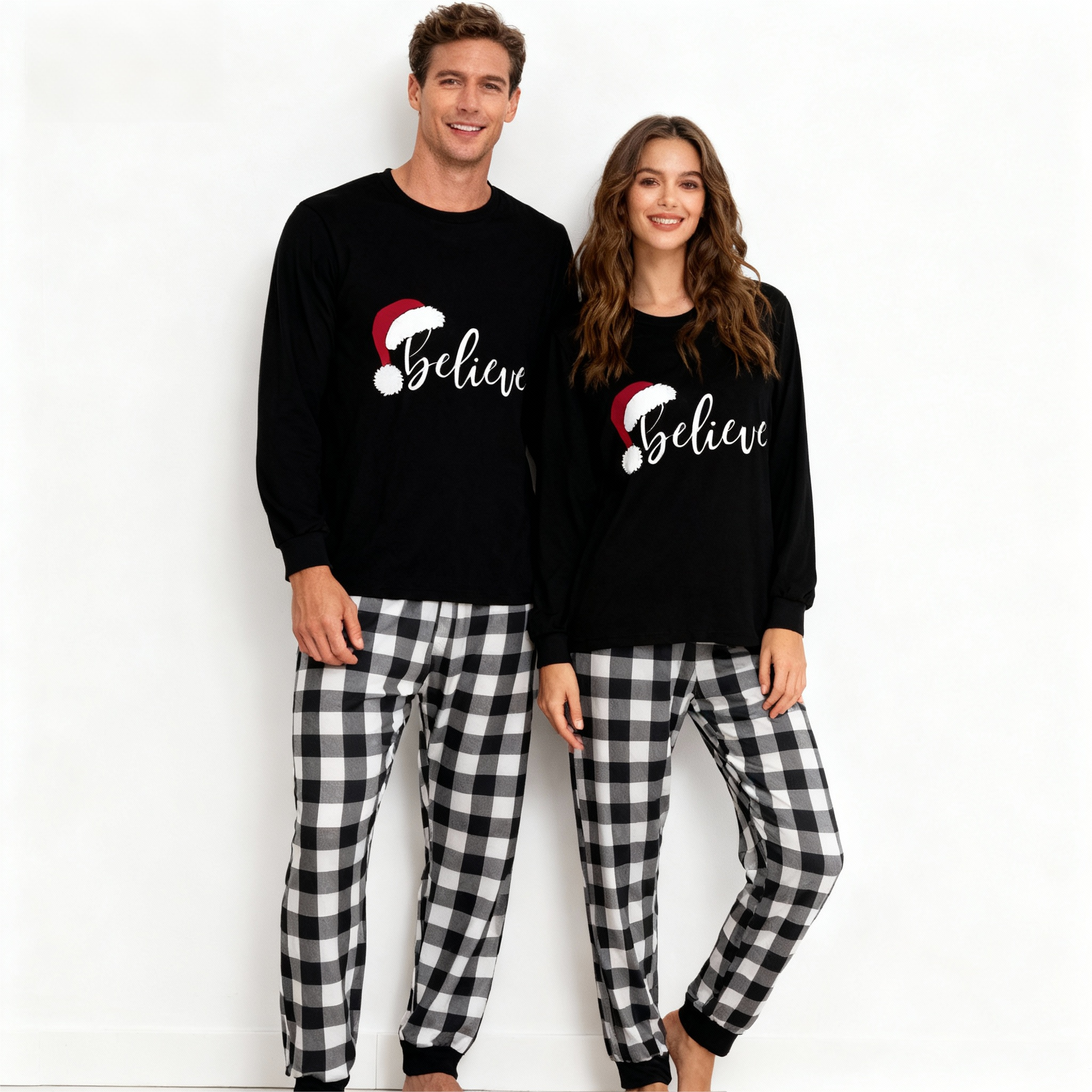 Christmas Hat and ‘Believe“ Letter Print Patterned Black & White Plaid Pajamas Set