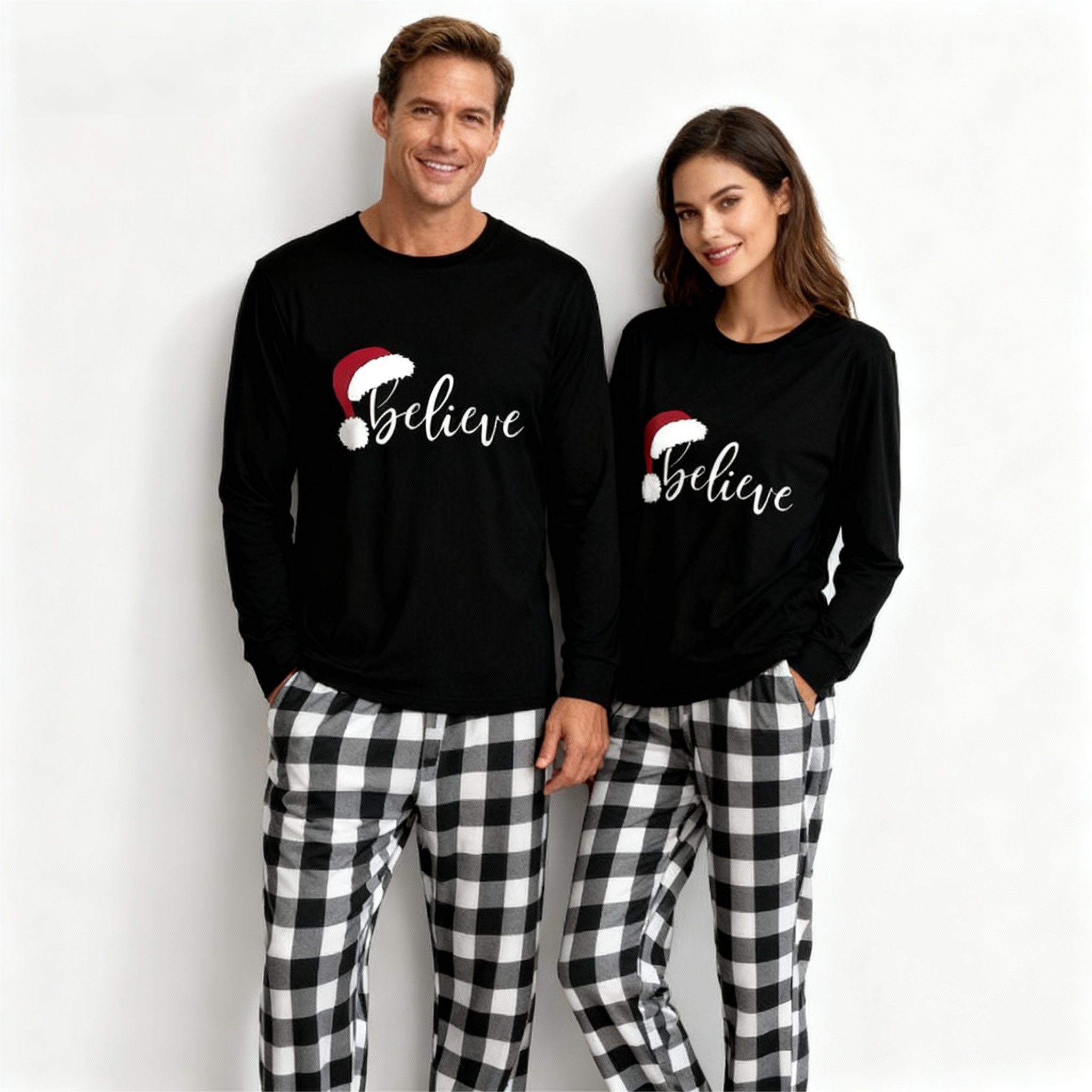 Christmas Hat and ‘Believe“ Letter Print Patterned Black & White Plaid Pajamas Set