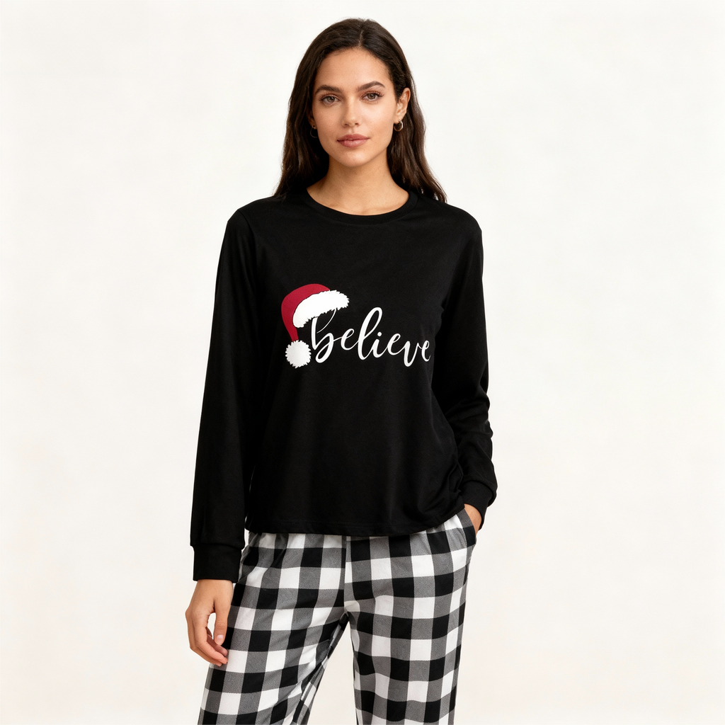 Christmas Hat and ‘Believe“ Letter Print Patterned Black & White Plaid Pajamas Set