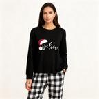Christmas Hat and ‘Believe“ Letter Print Patterned Black & White Plaid Pajamas Set