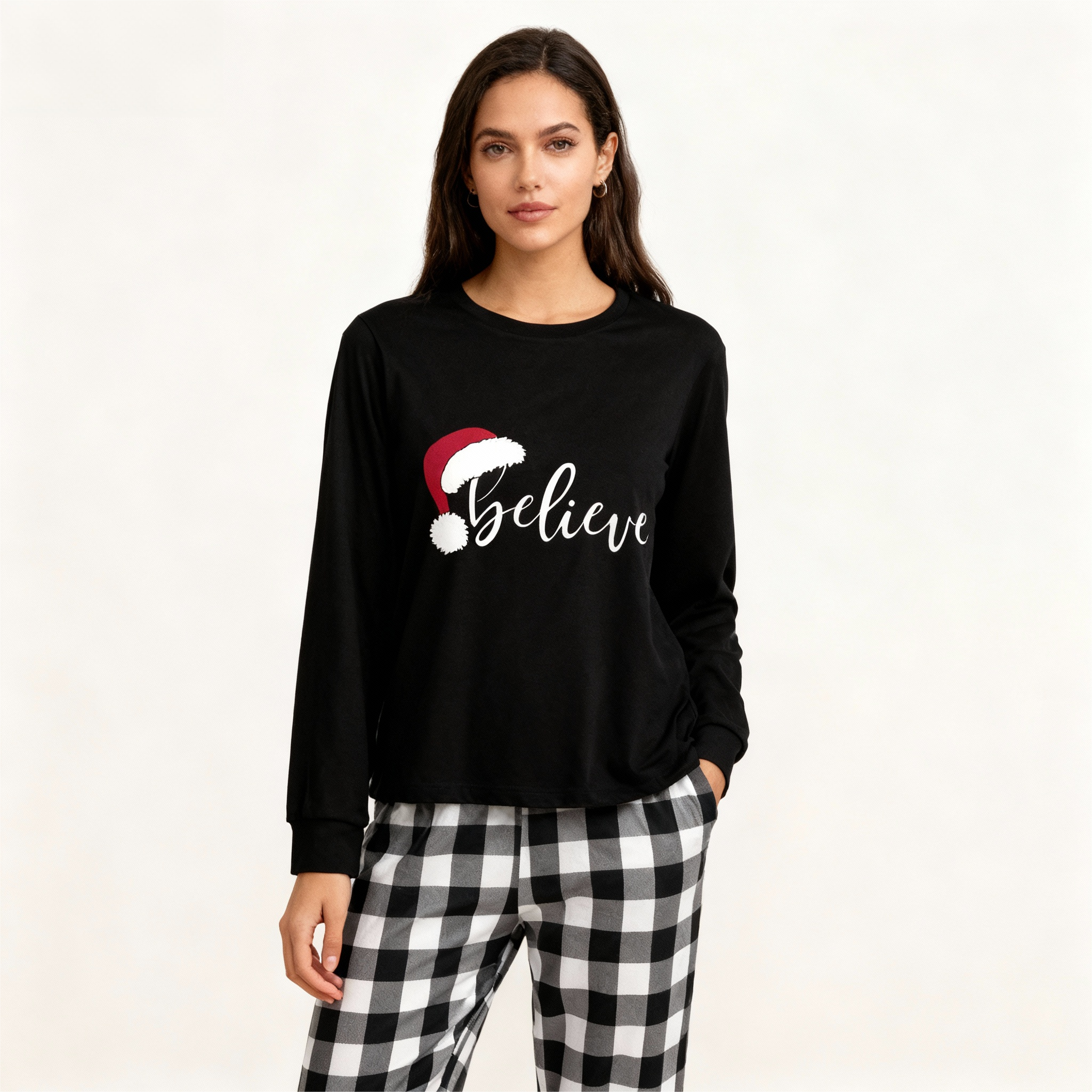 Christmas Hat and ‘Believe“ Letter Print Patterned Black & White Plaid Pajamas Set