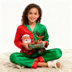 Holiday Family Santa Claus Button-Up Satin Christmas Pajamas Set