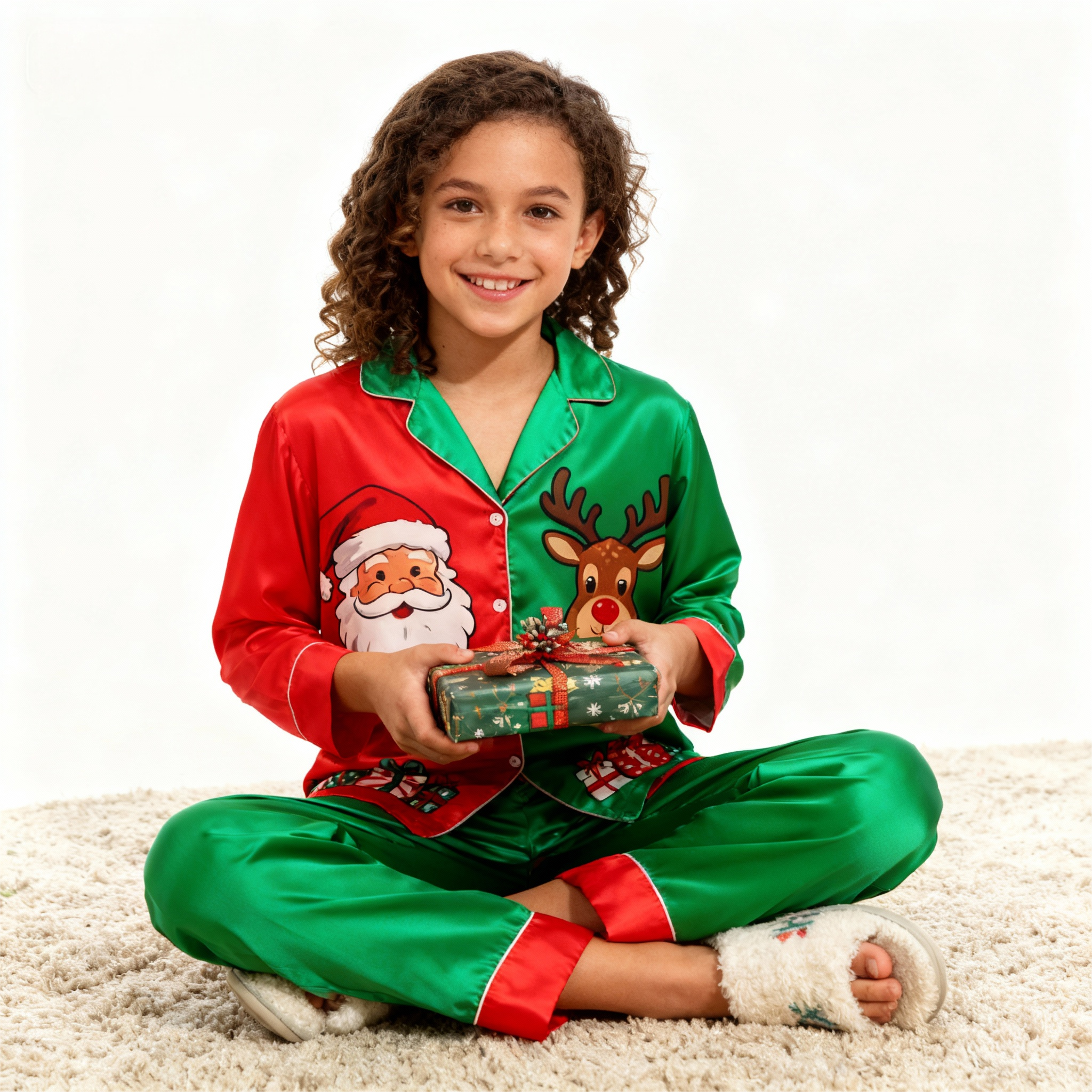 Holiday Family Santa Claus Button-Up Satin Christmas Pajamas Set
