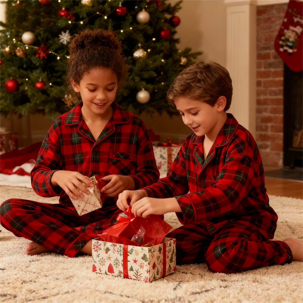 Family Matching Red and Green Plaid Button Up Long-sleeve Pajamas Sets