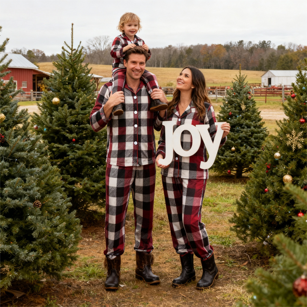 Family Christmas Red and White Plaid Button-Front Pajamas Sets