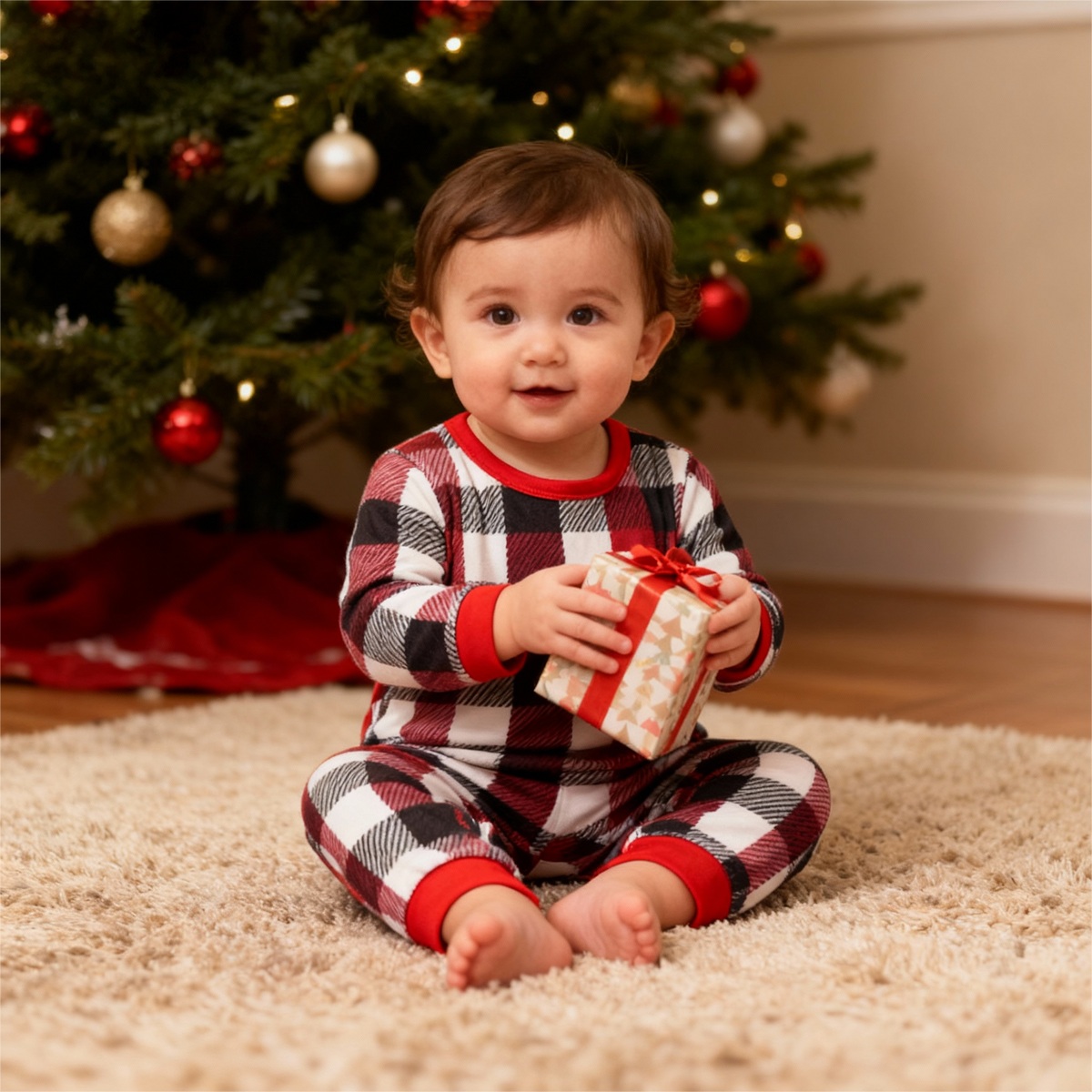 Family Christmas Red and White Plaid Button-Front Pajamas Sets
