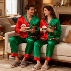 Holiday Family Santa Claus Button-Up Satin Christmas Pajamas Set