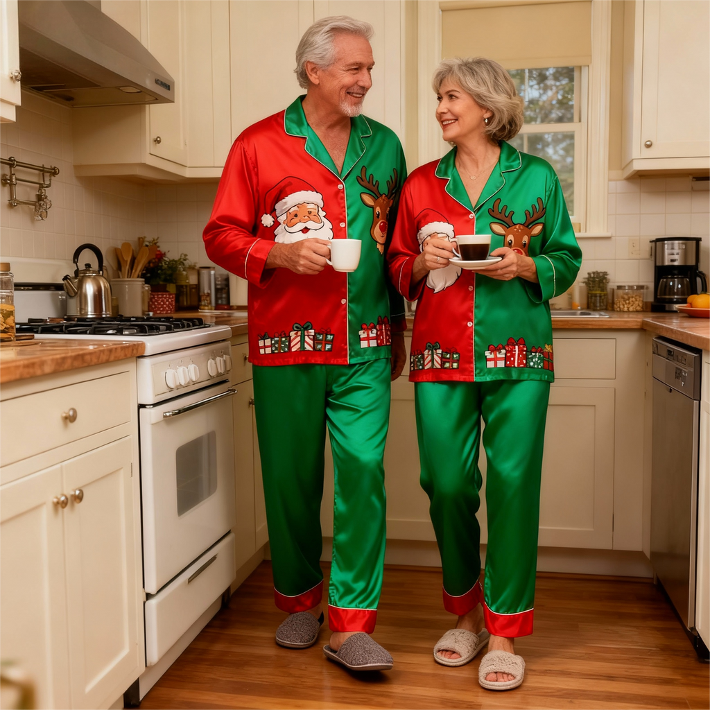 Holiday Family Santa Claus Button-Up Satin Christmas Pajamas Set